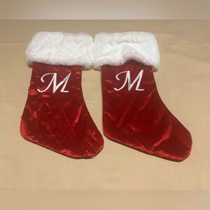 Set of 2 - Red Velvet Christmas Stockings with White Fur Trim Embroidered M
